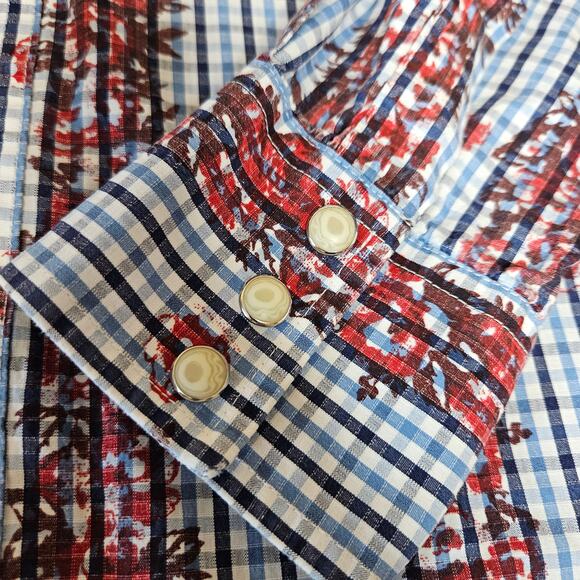 VINTAGE Wrangler Pearl Snap Western Rose Blue Long Sleeve Shirt Size XL Plaid - Picture 7 of 12